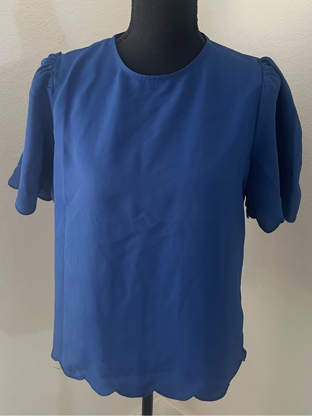 Express Royal Blue Scallop-Hem Short Sleeve Blouse